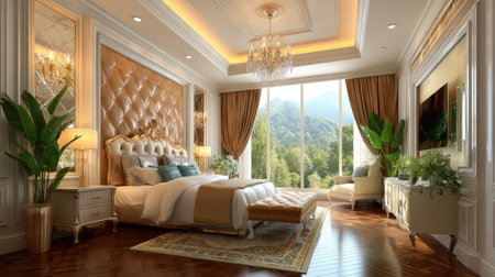 Discover this stunning luxurious bedroom showcasing elegant design elements, rich textures, and a beautiful mountain view that creates a peaceful retreat.の素材