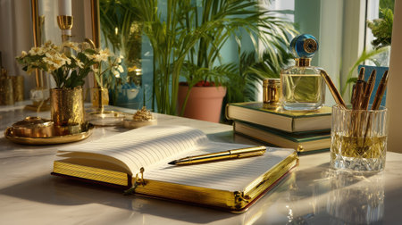 A beautifully arranged workspace featuring a notepad and pen, accompanied by perfume and decorative items. Lush plants and soft sunlight enhance the creative ambiance.の素材