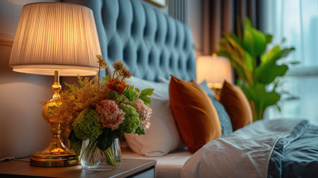 This image showcases a beautifully designed bedroom featuring elegant decor, warm lighting, and fresh floral arrangements, embodying modern comfort and tranquility.の素材