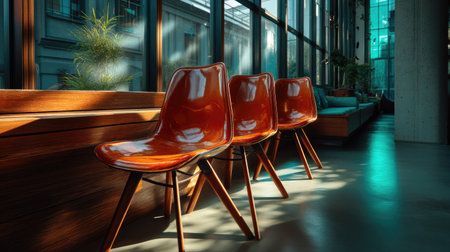 A modern interior scene featuring stylish chairs bathed in natural light, showcasing an inviting and cozy urban space perfect for relaxation and aesthetics.の素材