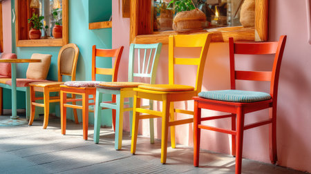 This vibrant image showcases a row of colorful chairs in a cozy cafe, featuring bright walls, natural light, and inviting decor. Perfect for presentations on modern design.の素材