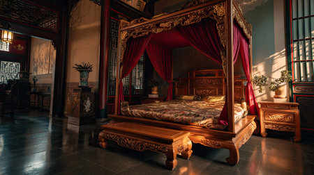 A beautifully designed traditional Chinese bedroom featuring an ornate canopy bed surrounded by rich decorative elements, bathed in soft natural light.の素材