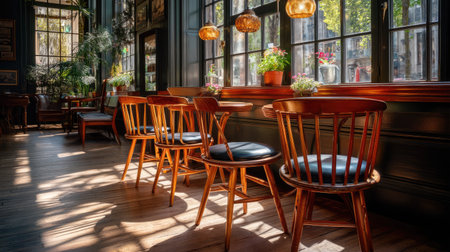 A cozy coffee shop highlights wooden chairs and tables bathed in warm sunlight through large windows, creating an inviting atmosphere perfect for relaxation.の素材