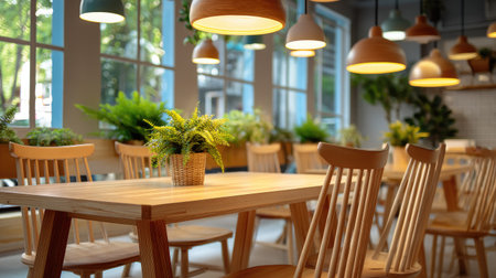 This image captures a cozy coffee shop interior featuring wooden furniture, bright lighting, and lush greenery, creating an inviting atmosphere for relaxation.の素材