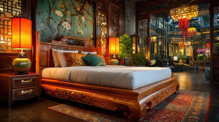 This beautifully designed Asian-inspired bedroom exudes elegance with its intricate wooden furniture, tranquil ambiance, and vibrant plants, perfect for relaxation.の素材