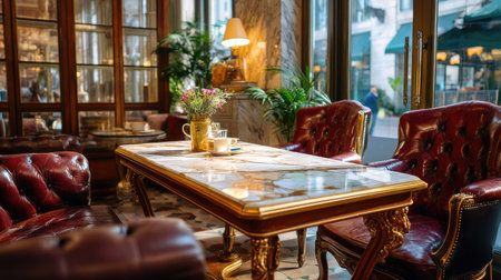 A beautifully designed cafe interior showcasing elegant vintage furniture, marble table, and lush greenery, creating a cozy urban atmosphere. Ideal for leisure.の素材