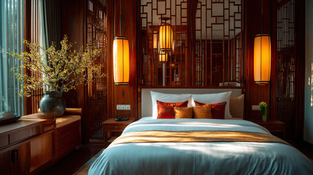 Experience the inviting charm of a modern bedroom featuring warm lighting, natural decor, and a harmonious design that promotes relaxation and elegance.の素材