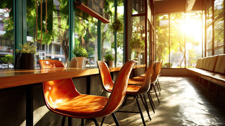 This image showcases a cozy cafe interior featuring colorful orange chairs, bright morning sunlight, and lush plants, creating a welcoming and modern atmosphere.の素材