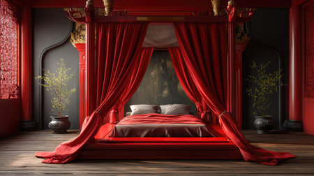 Experience the allure of an elegant red canopy bed set in a luxurious Asian-inspired room, featuring rich textures and vibrant decor elements.の素材