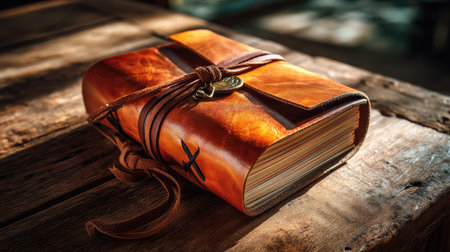 A beautiful vintage leather journal showcased on a rustic wooden table. The journal features intricate craftsmanship, perfect for personal writing and creativity.の素材