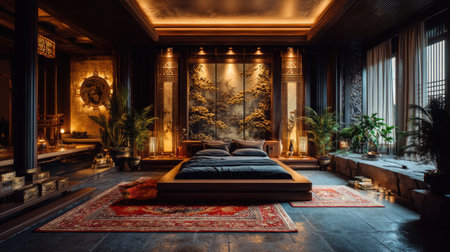 This image showcases a luxurious modern bedroom with elegant dの素材