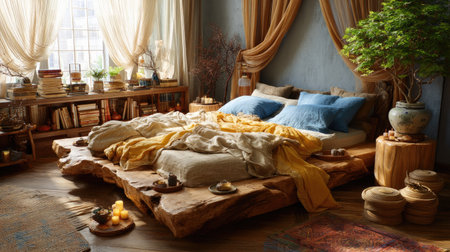 A cozy bedroom featuring natural wood elements, warm textiles, and lush greenery creates a tranquil atmosphere perfect for relaxation and comfort.の素材