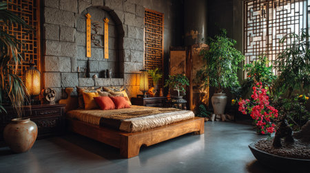 Discover a serene and elegant bedroom showcasing an Asian-inspired design with natural elements, soft lighting, and lush greenery for a cozy atmosphere.の素材
