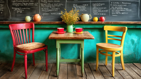 A vibrant cafe scene featuring a rustic wooden table surrounded by colorful chairs. The chalkboard menu in the background adds a cozy touch, inviting guests to enjoy coffee or tea in this charming space.の素材