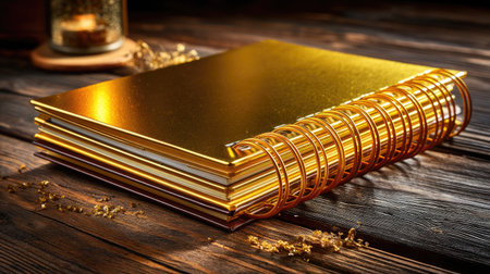 A luxurious gold spiral notebook rests on a rustic wood surface, enhanced by warm lighting and subtle sparkles, perfect for creative ideas and organization.の素材