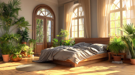 A peaceful bedroom environment bathed in warm sunlight, featuring a wooden bed adorned with soft bedding and surrounded by lush indoor plants.の素材