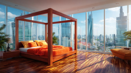 This stunning modern bedroom features a four-poster bed with vibrant orange bedding, large windows framing a breathtaking city skyline view, and stylish decor.の素材