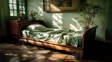 A tranquil bedroom featuring a wooden bed with soft green bedding, illuminated by gentle natural light. The space reflects vintage decor aesthetics combined with a cozy atmosphere, perfect for relaxation.の素材