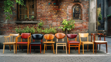 A captivating arrangement of vintage wooden chairs showcased against a textured brick wall in an urban setting, surrounded by lush greenery.の素材