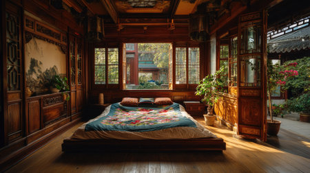 This cozy traditional bedroom features rich wooden elements and lush indoor plants, creating a serene atmosphere filled with natural light. Ideal for relaxation.の素材