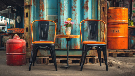 A charming outdoor cafe scene featuring two vintage chairs and a small table adorned with flowers, set against a weathered backdrop, creating a cozy atmosphere.の素材