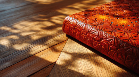A beautifully crafted leather journal rests on a wooden surface, showcasing intricate patterns and casting stunning shadows, enhancing the tranquil atmosphere.の素材