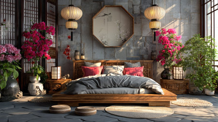 A tranquil bedroom featuring elegant Asian-inspired decor, wooden furniture, vibrant floral arrangements, and soft materials bathed in warm sunlight.の素材
