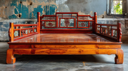 This vintage wooden bed frame showcases intricate carvings and a rich, antique finish, making it a stunning focal point for any bedroom. Its traditional Asian design merges elegance with cultural heritage, perfect for rustic or minimalist interiors.の素材