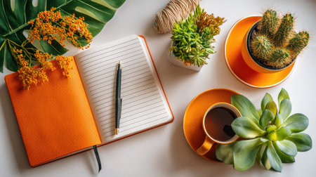 A visually appealing workspace featuring an orange notebook, a sleek pen, a cup of coffee, and various plants. Ideal for those seeking a creative and inspiring atmosphere.の素材