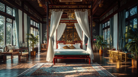 Experience the serenity of a beautifully designed traditional bedroom featuring a canopy bed, elegant decor, and abundant natural light.の素材