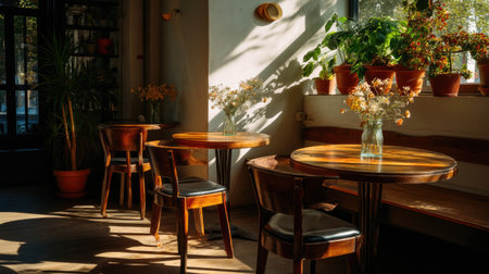 A cozy cafe interior featuring wooden tables bathed in warm sunlight, with potted plants and charming flower arrangements creating a relaxing atmosphere.の素材