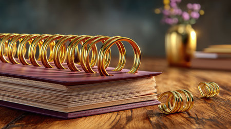 A stunning arrangement featuring elegant gold rings stacked on a book, complemented by a floral vase, creating a warm and inviting atmosphere ideal for jewelry promotions.の素材