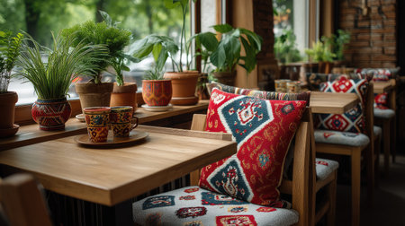 A beautifully designed cafe interior showcasing vibrant cushions, lush plants, and warm wooden tables. The inviting atmosphere encourages relaxation and social enjoyment.の素材