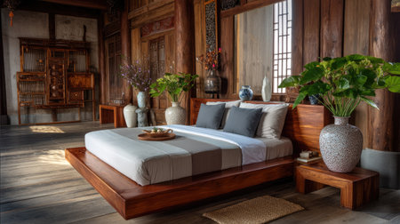 Explore a tranquil and inviting bedroom space that blends minimalist design with warm wooden accents and vibrant greenery, creating a serene atmosphere.の素材