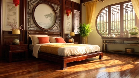 This Asian-inspired bedroom features elegant wooden furniture and soft textiles, illuminated by natural light, creating a serene and inviting atmosphere.の素材