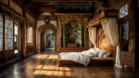 This photo captures an elegant traditional bedroom featuring rich woodwork, soft textiles, and warm natural lighting, creating a serene and inviting atmosphere.の素材