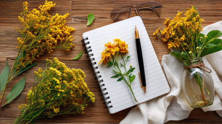A bright arrangement of yellow flowers, a notebook, and a pen creates an inviting workspace on a wooden table, enhancing creativity and inspiration.の素材