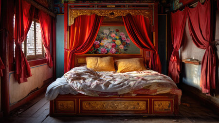 A stunning view of an elegant Chinese bedroom featuring rich silk fabrics, colorful floral artwork, and traditional decor elements that create a warm, inviting atmosphere.の素材