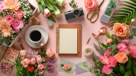 Beautiful flat lay composition showcasing a cozy workspace filled with fresh flowers, stationery, and a camera, perfect for creative projects and inspiration.の素材