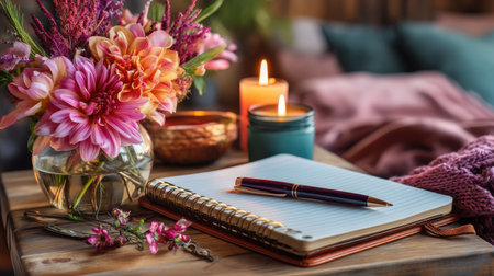 A serene and inviting cozy still life scene featuring a notebook, pen, vibrant flowers, and glowing candles, perfect for inspiring creativity and reflection.の素材