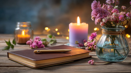 A serene and cozy desk setup featuring a journal, a golden pen, colorful flowers, and glowing candles. Perfect for moments of relaxation and inspiration.の素材