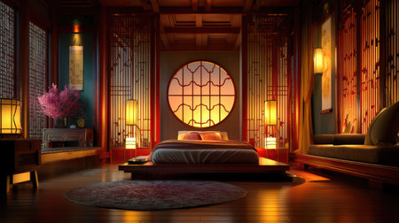 A beautifully designed Asian-inspired bedroom featuring warm lighting and elegant decor. The serene atmosphere is enhanced by a glowing window and soft textiles.の素材
