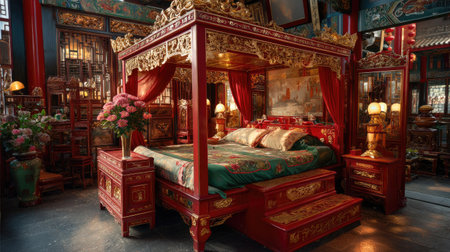 This stunning image captures an elegant traditional Chinese bedroom, featuring a rich red canopy bed adorned with intricate gold details and lush floral accents.の素材