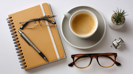 A stylish flat lay showcasing a workspace featuring a notebook, pens, eyeglasses, a coffee mug, and a small plant, perfect for inspiring creativity and focus.の素材