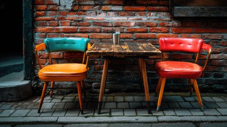 A charming urban scene featuring two colorful vintage chairs and a rustic wooden table set against a weathered brick wall, perfect for inviting warmth and style.の素材