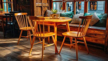 A beautifully designed indoor dining area featuring a wooden table and chairs illuminated by natural light. The inviting space is perfect for meals, relaxation, and social gatherings.の素材