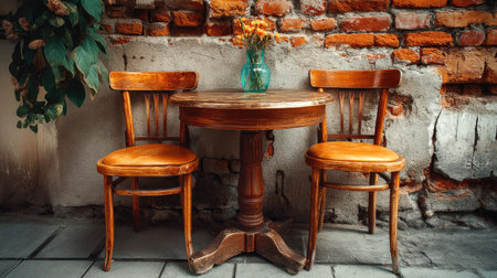 This image features a charming vintage table and two wooden chairs set against a textured brick wall, adorned with fresh flowers, creating a cozy atmosphere.の素材