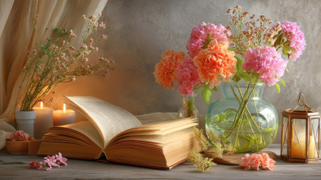 A serene still life featuring a beautifully arranged bouquet of pink and orange flowers next to an open book and soft candlelight, creating a cozy atmosphere.の素材