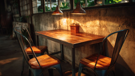 This cozy industrial kitchen showcases a warm, inviting wooden table with stylish metal chairs, perfect for a culinary space or cafe ambiance.の素材