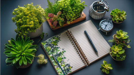 A serene workspace featuring a decorative arrangement of indoor plants surrounding a blank notebook and pen, creating a tranquil writing environment.の素材